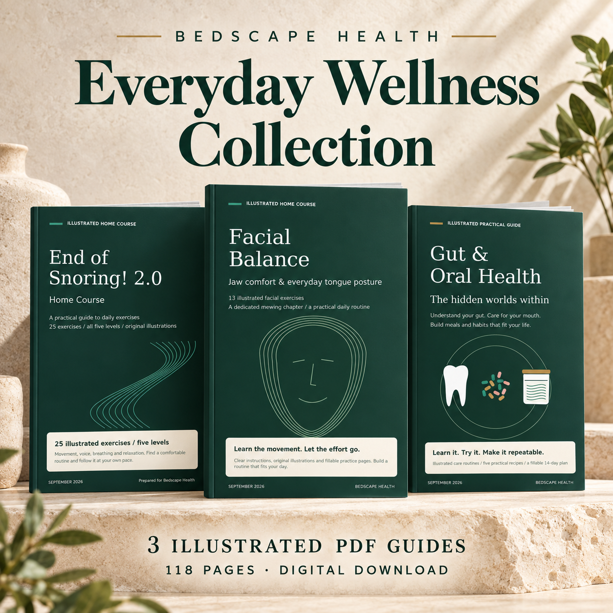 Everyday Wellness Collection: End of Snoring, Facial Balance, and Gut and Oral Health illustrated PDF book covers.