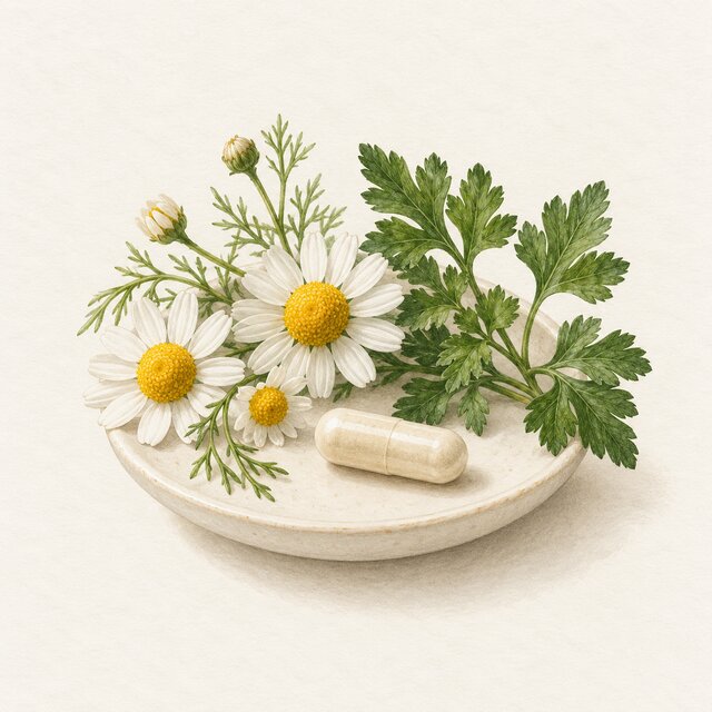 Watercolour illustration of chamomile, parsley and a supplement capsule