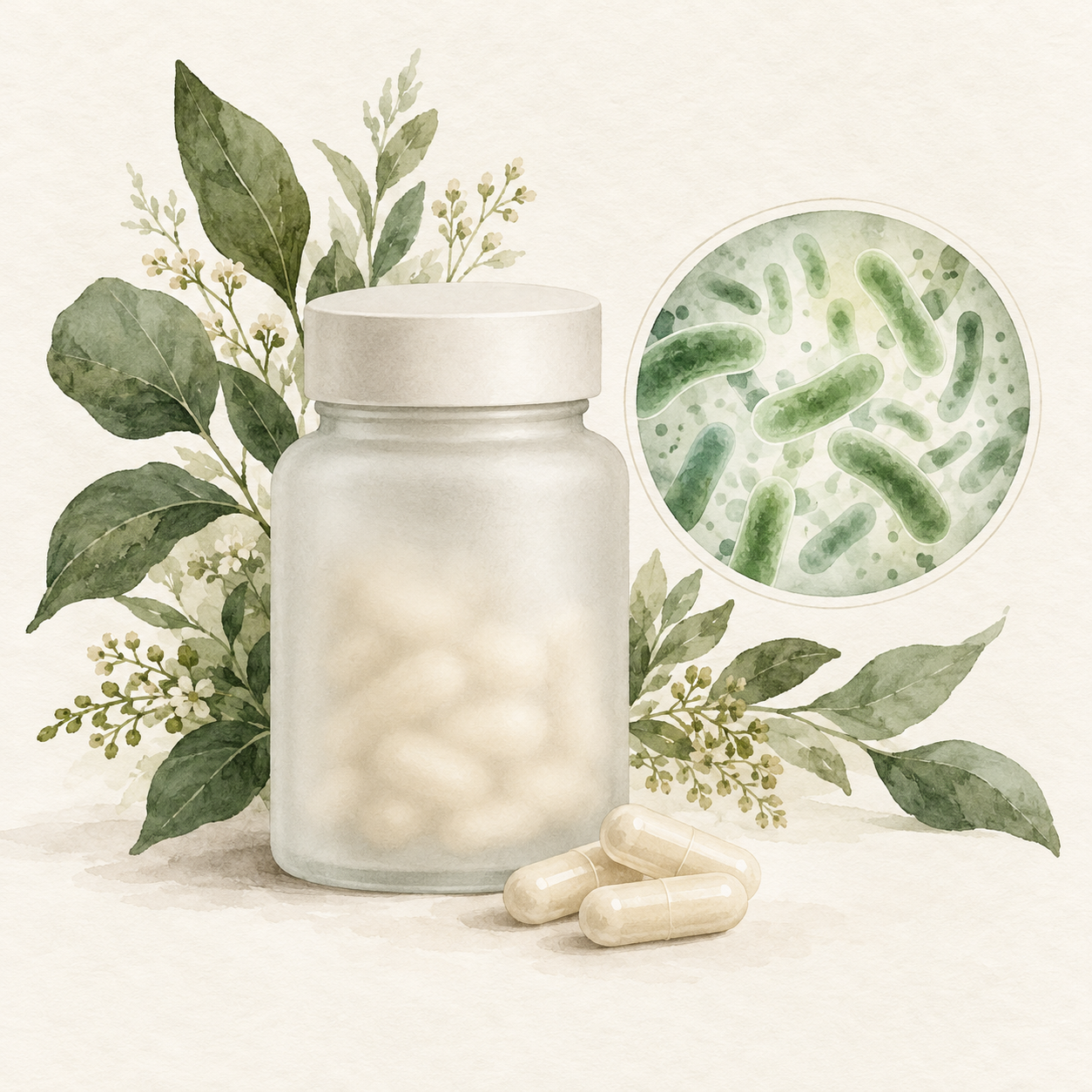 Watercolour illustration of probiotic capsules with a decorative bacterial motif