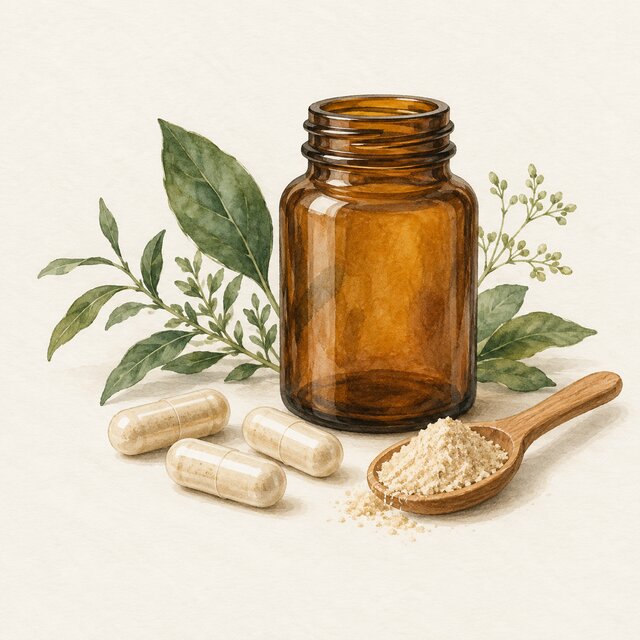 Watercolour illustration of probiotic capsules, powder and an unbranded bottle