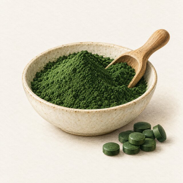 Watercolour illustration of green chlorella powder and tablets