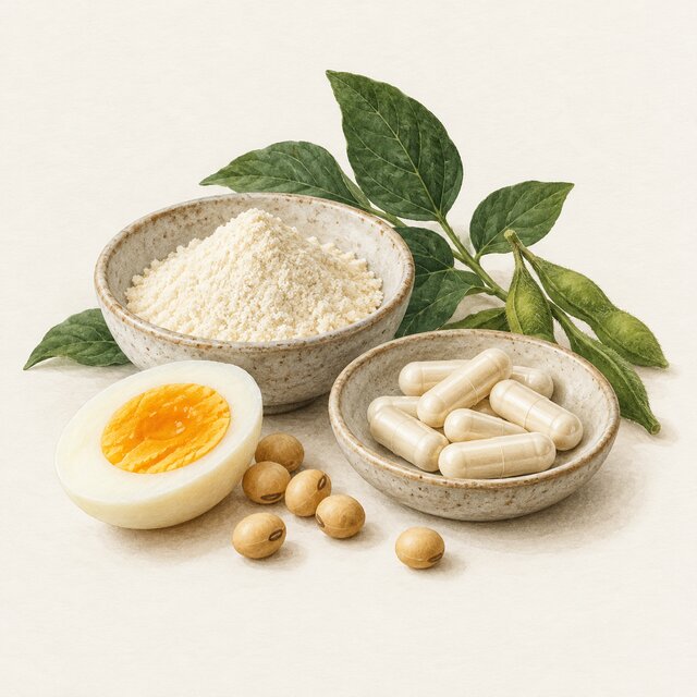 Watercolour illustration of supplement powder and capsules with egg and soybeans