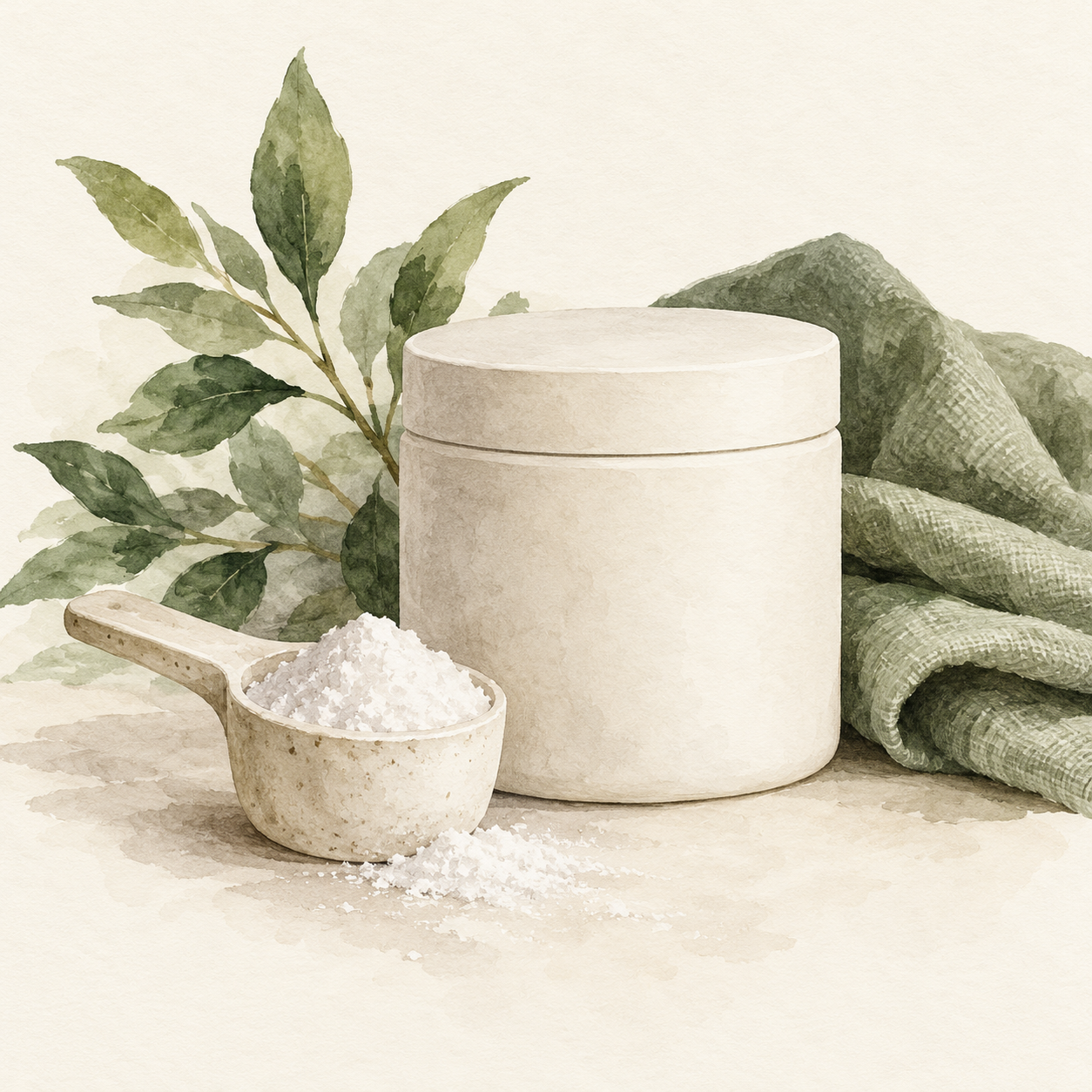 Watercolour illustration of creatine powder and a measuring scoop