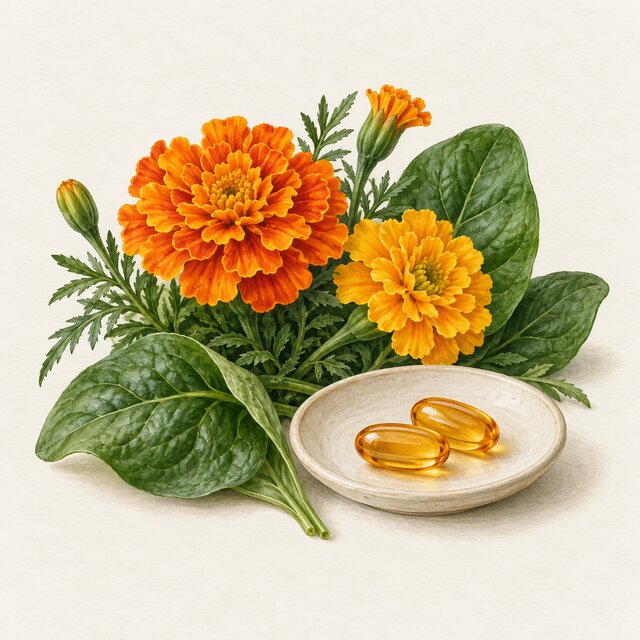 Watercolour illustration of marigold flowers, leafy greens and softgels
