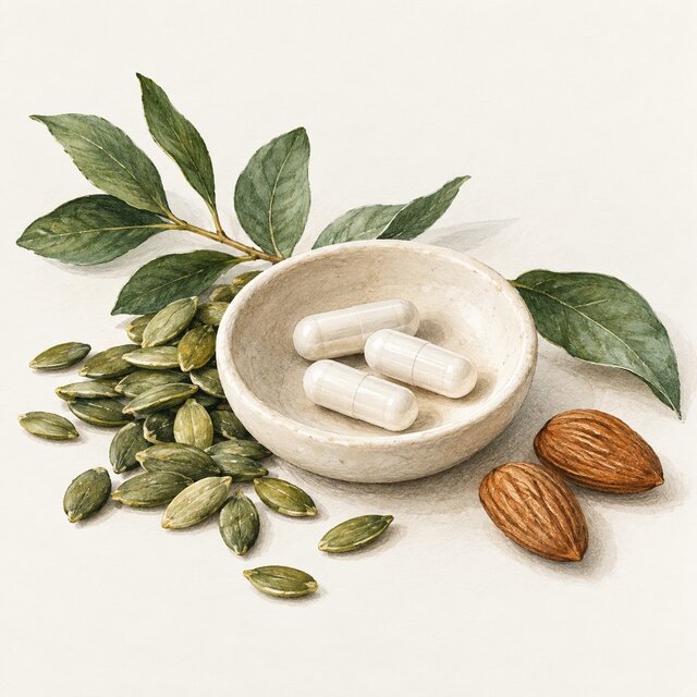 Watercolour illustration of magnesium capsules, pumpkin seeds and almonds