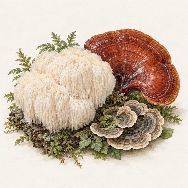 Watercolour illustration of lion’s mane, reishi and turkey tail mushrooms