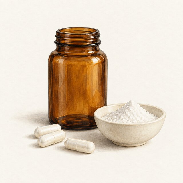 Watercolour illustration of white NAC powder, capsules and an amber bottle