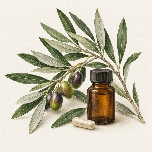 Watercolour illustration of an olive branch, extract bottle and capsule