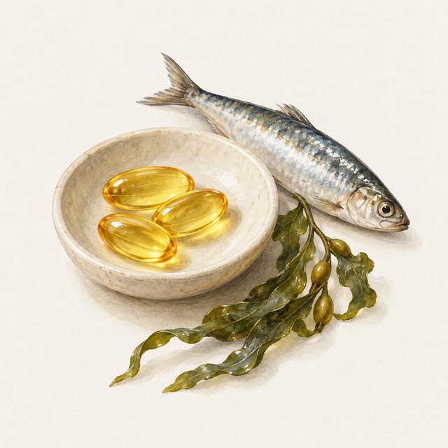 Watercolour illustration of golden omega-3 softgels, a fish and seaweed