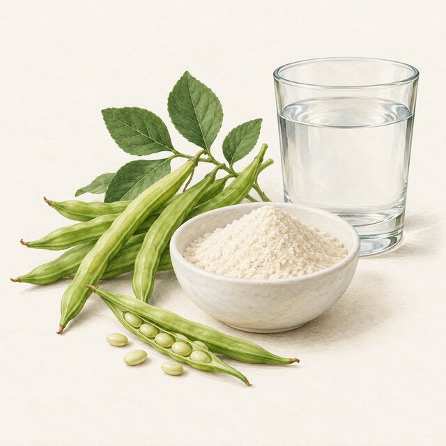 Watercolour illustration of guar pods, PHGG powder and a glass of water