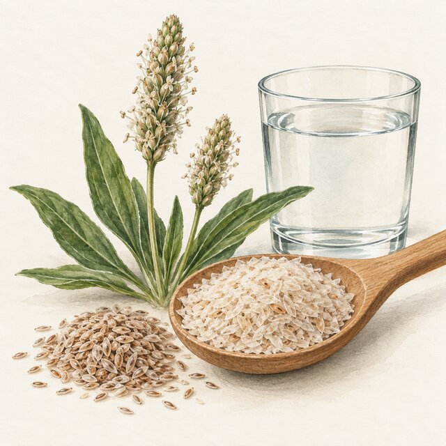 Watercolour illustration of psyllium husks, a plantain seed head and water