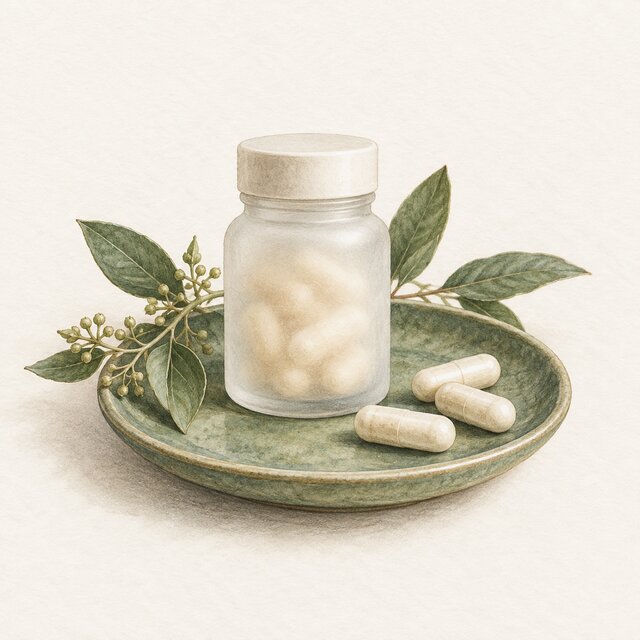 Watercolour illustration of probiotic capsules and a frosted bottle on a green saucer