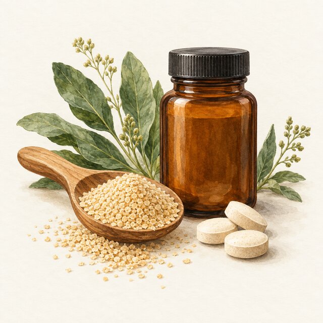 Watercolour illustration of selenium yeast granules and supplement tablets