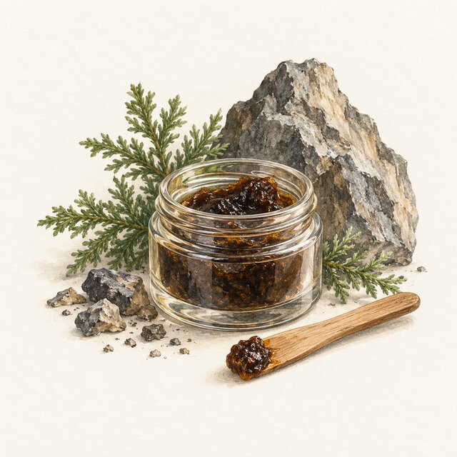 Watercolour illustration of dark shilajit resin in a jar beside a stone