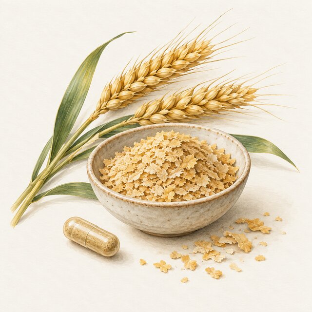 Watercolour illustration of wheat germ, wheat ears and a capsule
