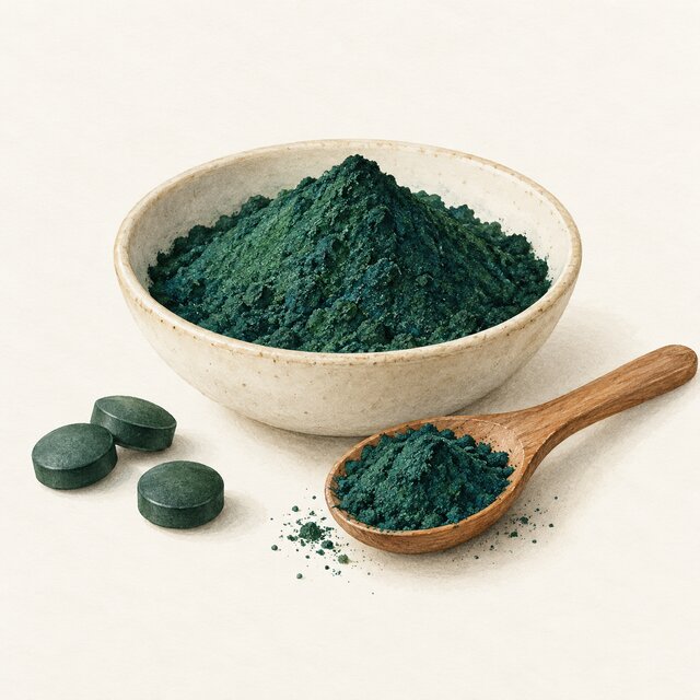 Watercolour illustration of blue-green spirulina powder and tablets