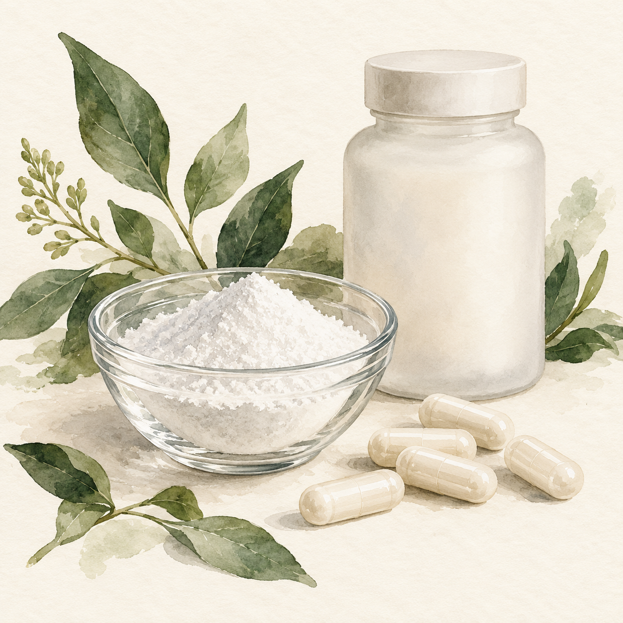 Watercolour illustration of taurine powder and capsules