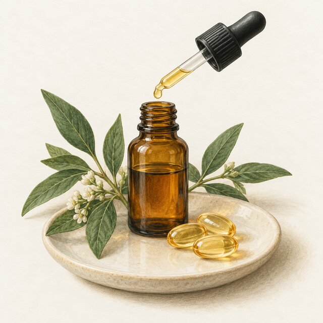 Watercolour illustration of a vitamin D dropper bottle and softgel capsules