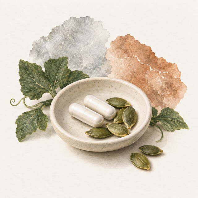 Watercolour illustration of mineral supplement capsules and pumpkin seeds